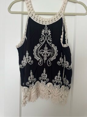 Black and Cream Crochet-Trim Embroidered Tank Top